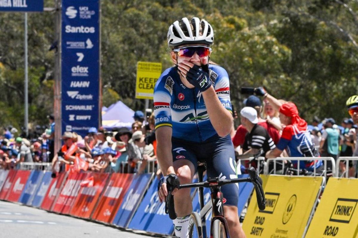 AG Insurance - Soudal rider Sarah Gigante from Australia reacts as she wins the third stage of the Tour Down Under cycling race in Adelaide on January 14, 2024. Brenton EDWARDS / AFP