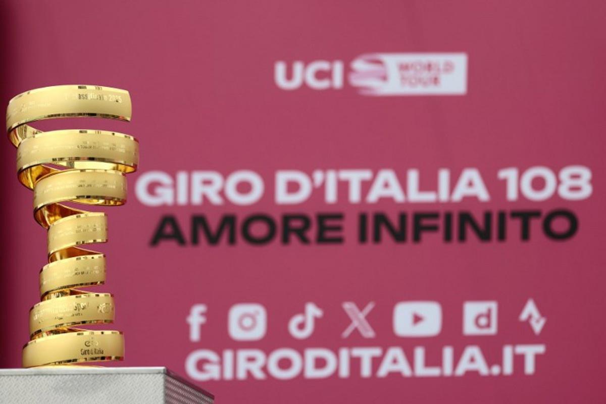 This photograph shows the Giro d'Italia trophy ("trofeo senza fine") displayed prior to the first stage of the 108th Giro d'Italia cycling race, 160km from Durres to Tirana in Albania, on May 9, 2025. Luca Bettini / AFP