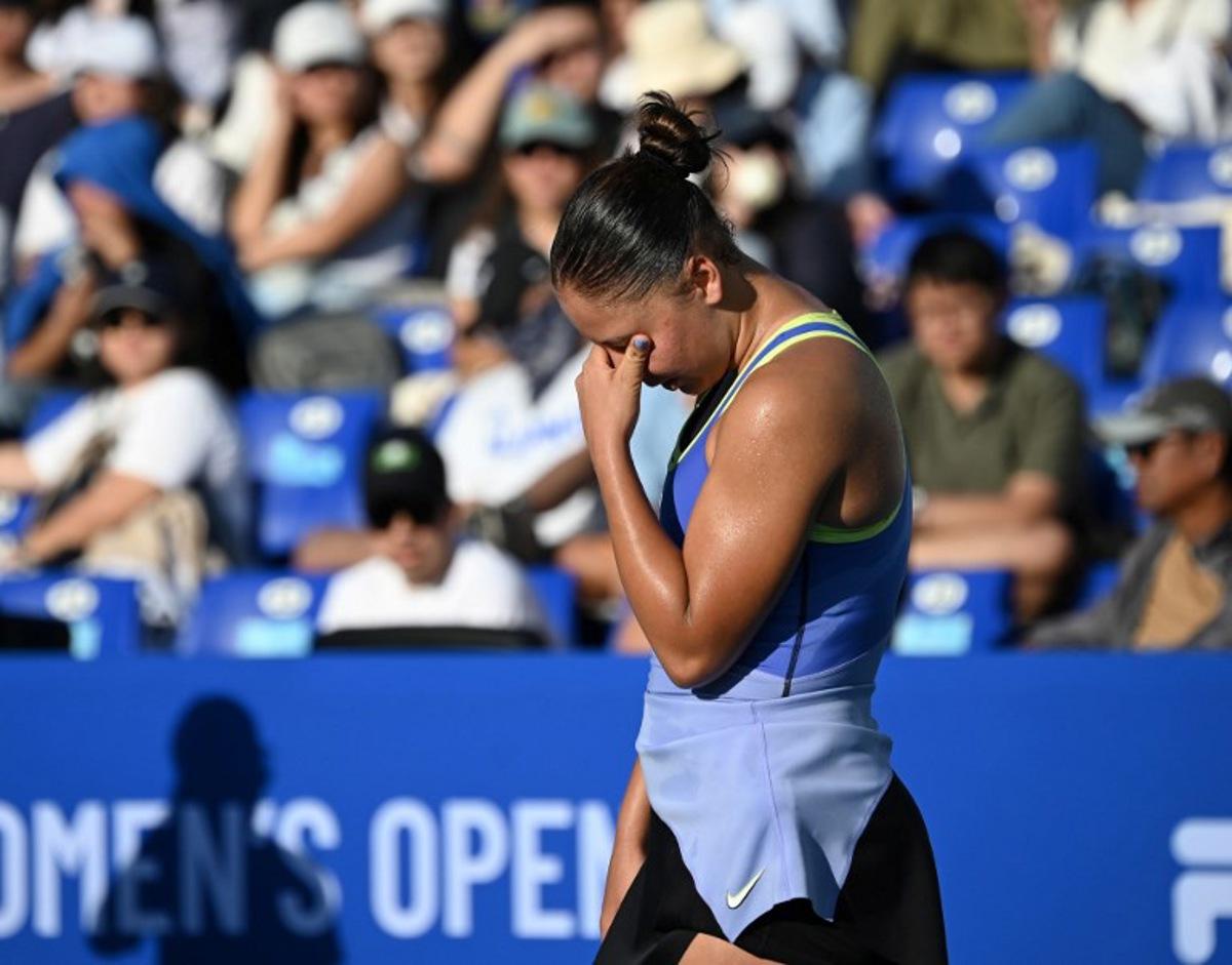 Sofia Costoulas of Belgium reacts after losing a point in the women's singles against Tatiana Prozorova of Russia at the Philippine Women's Open tennis tournament in Manila on January 29, 2026. Ted ALJIBE / AFP