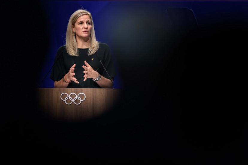 International Olympic Committee President (IOC) Kirsty Coventry delivers her speech at the opening of an IOC session, in Lausanne, on June 24, 2026. Fabrice COFFRINI / AFP