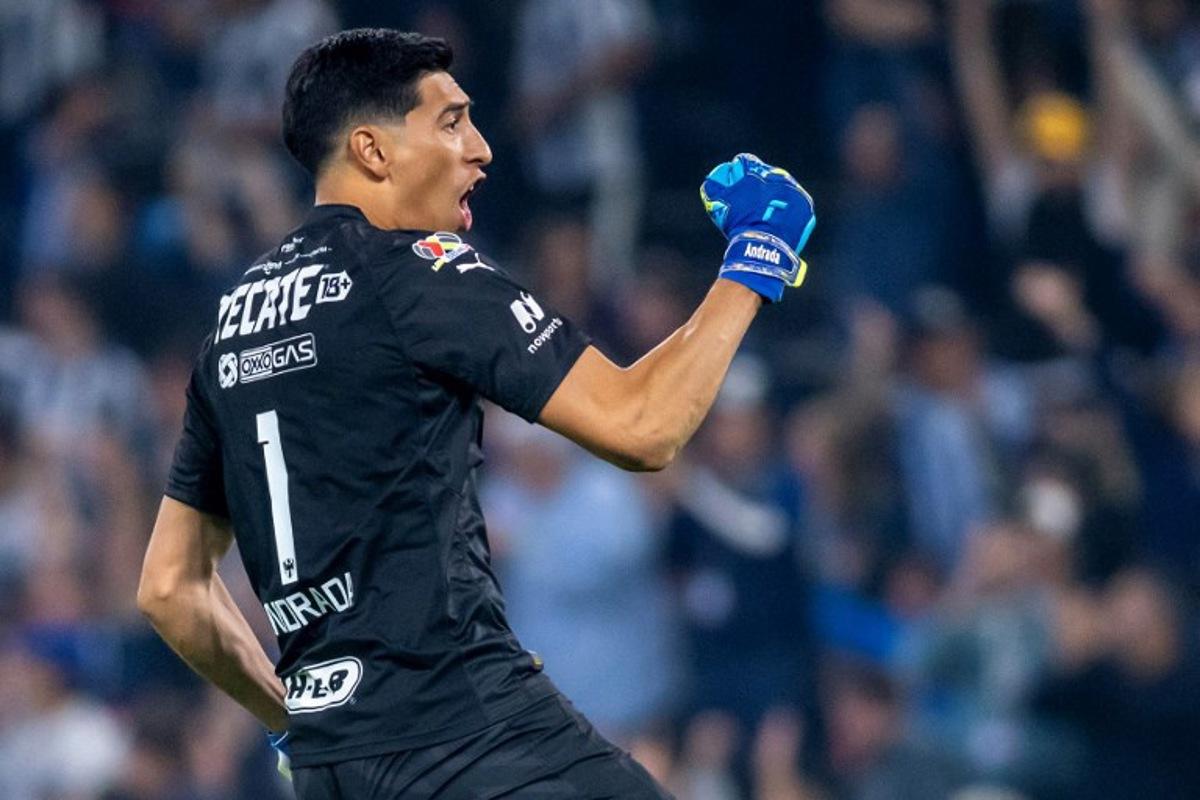 Monterrey's goalkeeper Esteban Andrada celebrates after his team scored a goal during the quarter final football match of the Mexican Apertura 2023 tournament between Monterrey and San Luis at BBVA Bancomer Stadium in Monterrey, Mexico, on December 2, 2023. Julio Cesar AGUILAR / AFP