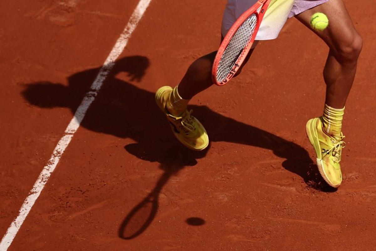 The shadow of Italy's Flavio Cobolli laying a forehand to Germany's Alexander Zverev is casted on the clay during their men's singles match on day 7 of the French Open tennis tournament on Court Philippe-Chatrier at the Roland-Garros Complex in Paris on May 31, 2025. Anne-Christine POUJOULAT / AFP