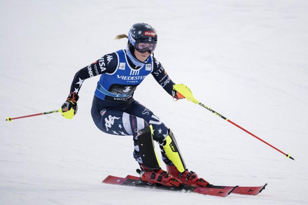 USA's Mikaela Shiffrin competes during the first run of the women's slalom event of the FIS Alpine Skiing World Cup at the Levi Ski Centre in Kittila, on November 15, 2025. Roni Rekomaa / Lehtikuva / AFP