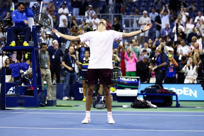 Germany's Alexander Zverev celebrates after defeating Italy's Lorenzo Sonego during the men's singles first-round tennis match on day three of the US Open tennis tournament at the USTA Billie Jean King National Tennis Center in New York City in the early hours of September 2, 2026. CHARLY TRIBALLEAU / AFP
