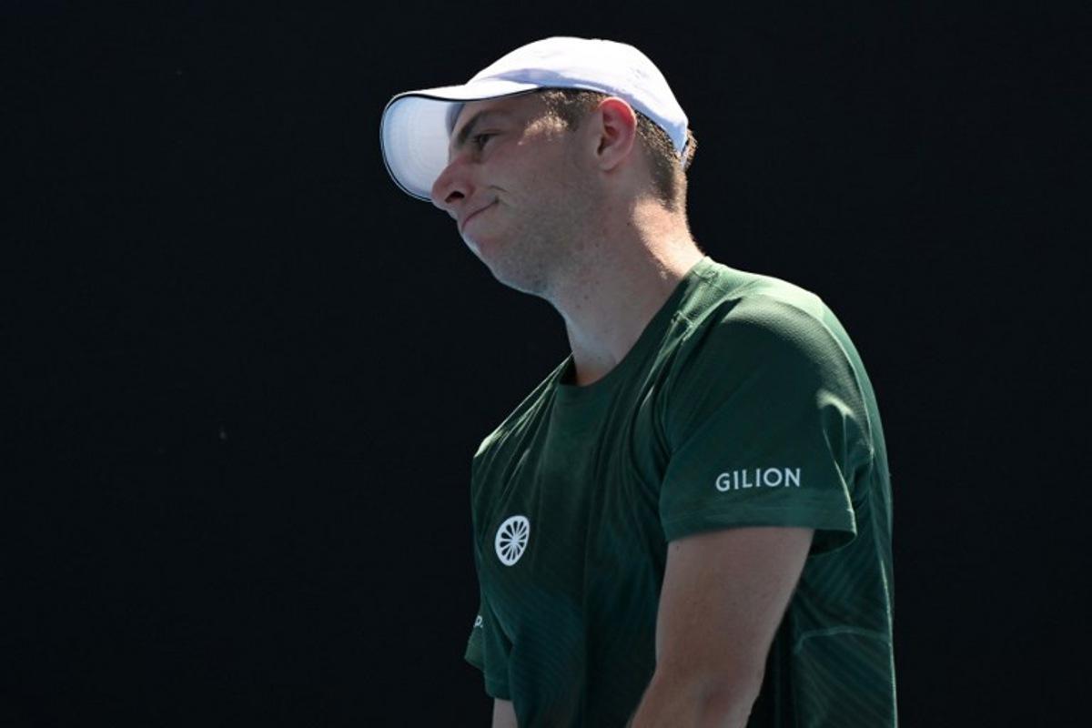Netherlands' Tallon Griekspoor reacts while playing against Poland's Hubert Hurkacz during their men's singles match on day three of the Australian Open tennis tournament in Melbourne on January 14, 2025. Paul Crock / AFP