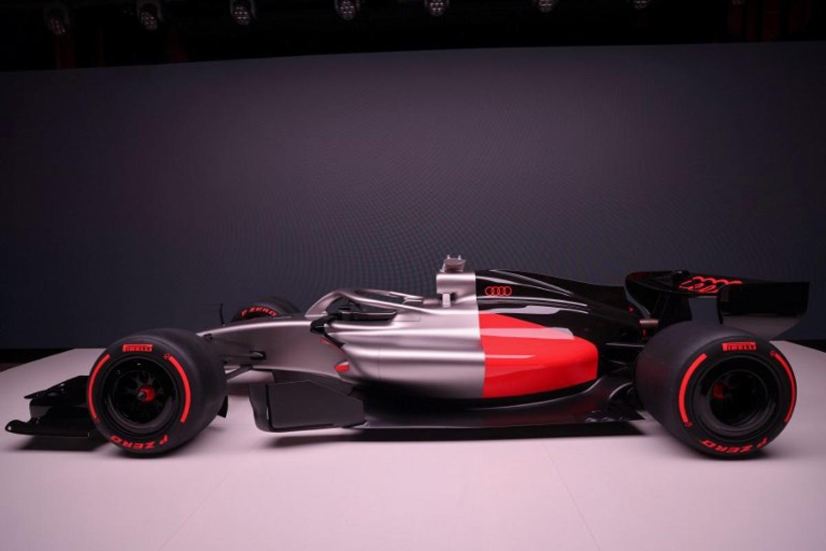 The car of the Audi F1 factory team, set to compete in the Formula One starting in the 2026 season, is on display in Munich, southern Germany on November 12, 2025. Alexandra BEIER / AFP