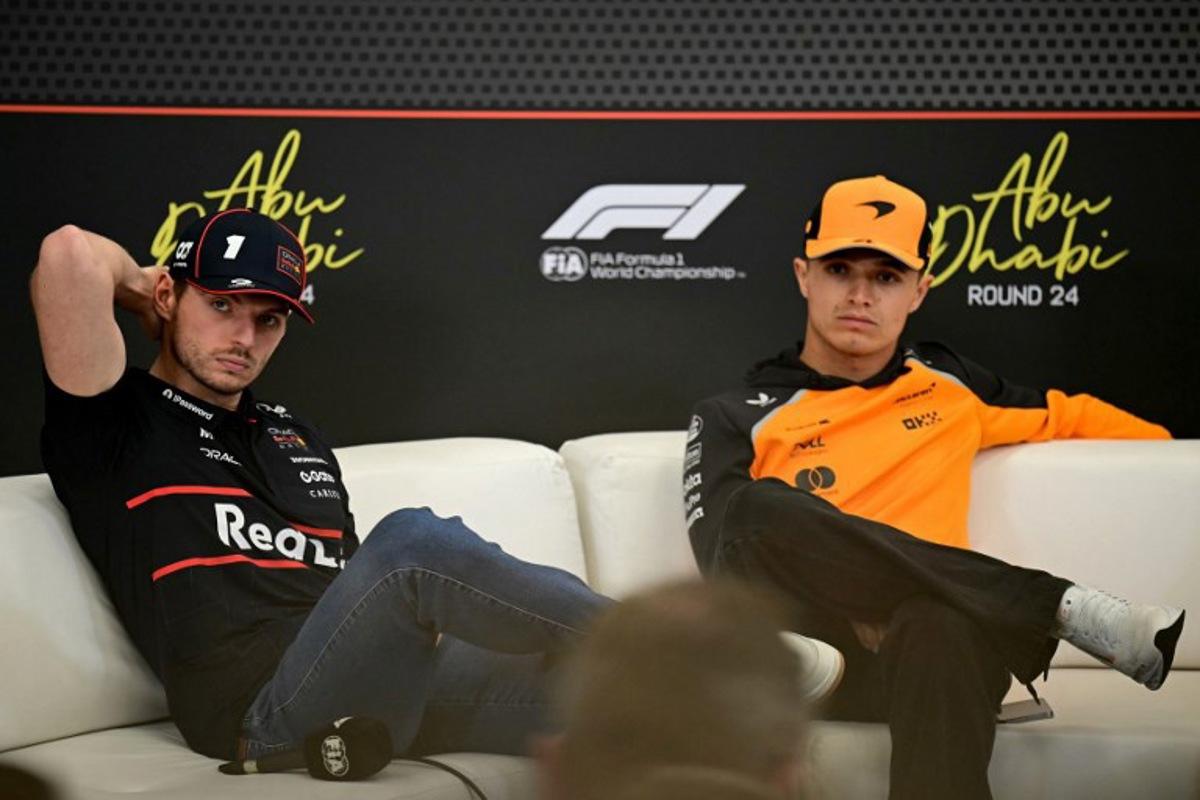 Red Bull Racing's Dutch driver Max Verstappen (L) and McLaren's British driver Lando Norris attend a press conference ahead of the Abu Dhabi Formula One Grand Prix at the Yas Marina Circuit in Abu Dhabi on December 4, 2025. Giuseppe CACACE / AFP