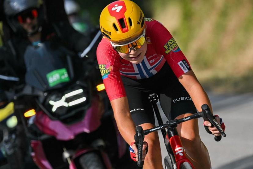 Uno-X Mobility's Norwegian rider Sigrid Ytterhus Haugset leads during the 3rd (out of 9) stage of the fifth edition of the Women's Tour de France cycling race, 156.5 km from Geneva to Poligny, in Poligny, central-eastern France on August 3, 2026. NICOLAS TUCAT / AFP