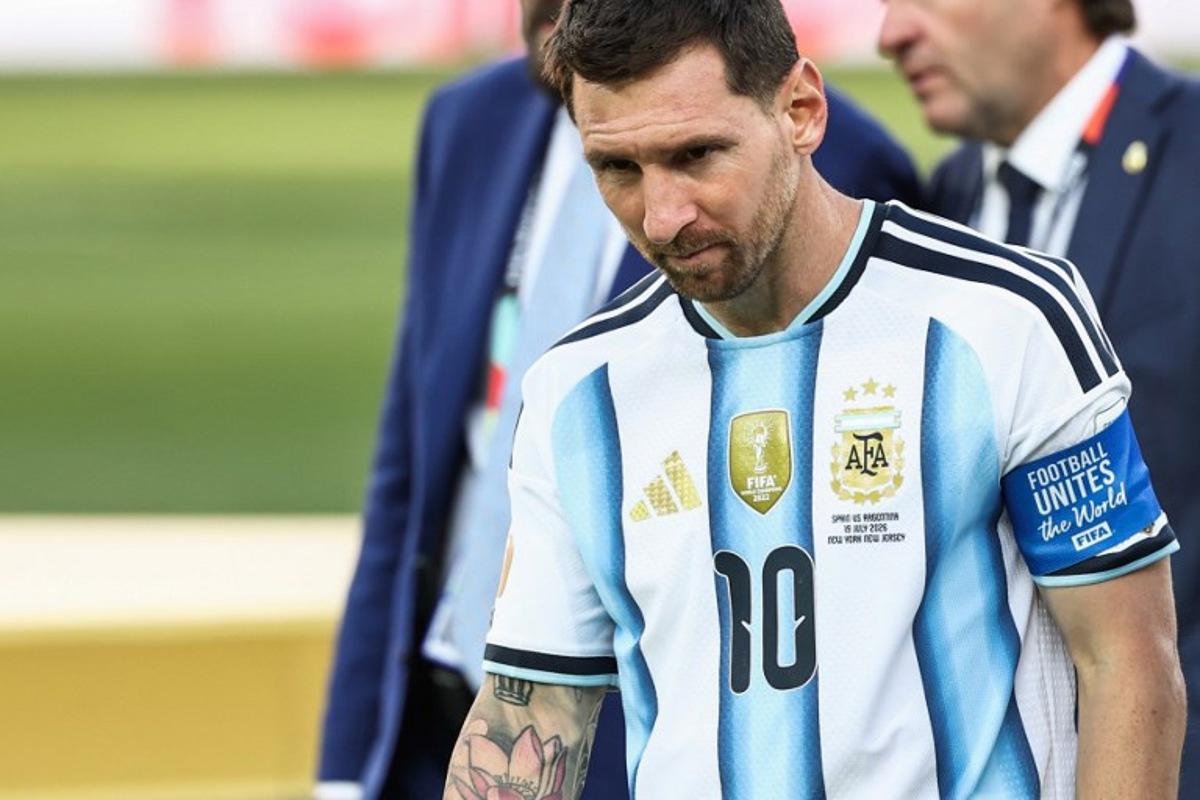 Argentina's forward #10 Lionel Messi looks on ahead of the award ceremony of the 2026 World Cup football tournament final match between Spain and Argentina at the New York/New Jersey Stadium in East Rutherford on July 19, 2026. FRANCK FIFE / AFP