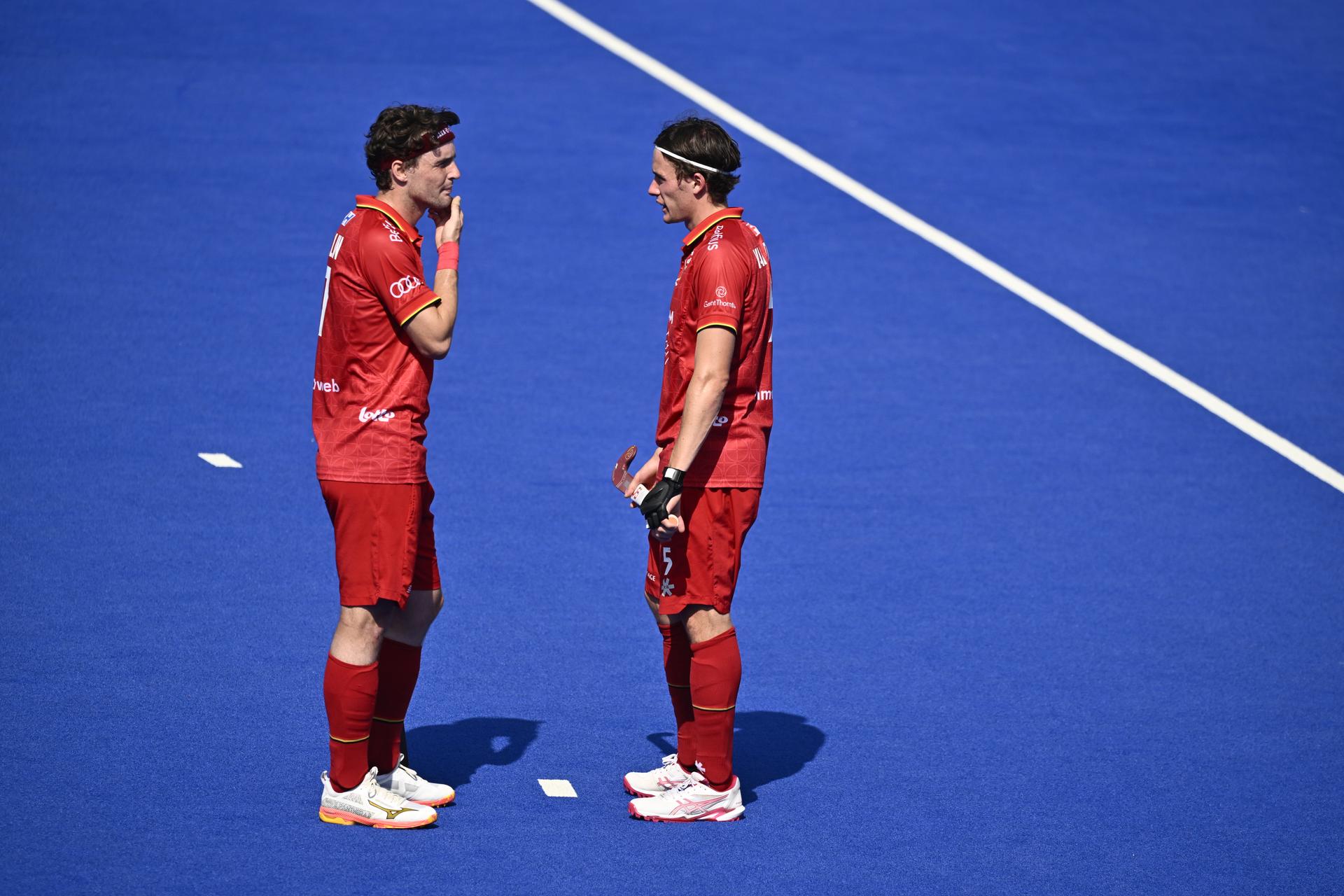 The Red Lions react during a hockey game between Spain and the Belgian national team Red Lions, match 3/3 in the pool stage of the 2025 men's European championships, Tuesday 12 August 2025 in Monchengladbach, Germany. BELGA PHOTO ERIC LALMAND