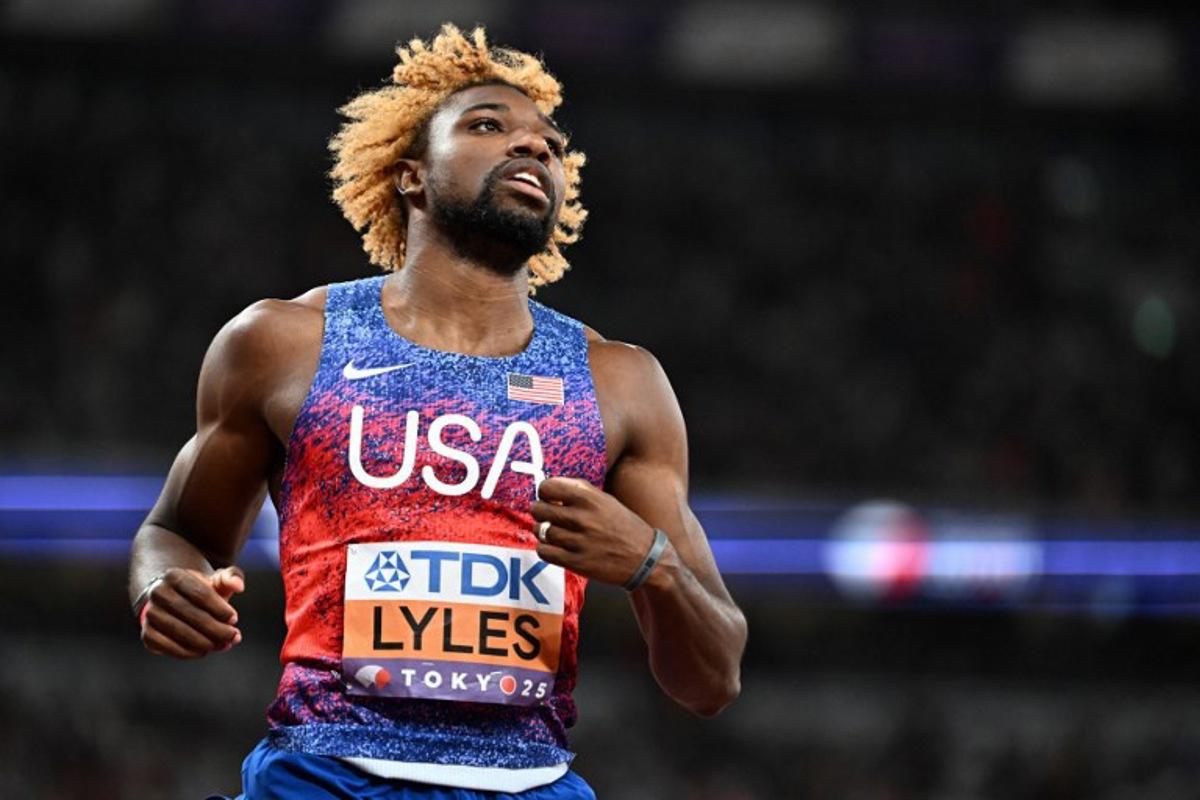 US sprinter Noah Lyles reacts after winning in the men's 200m final during the World Athletics Championships in Tokyo on September 19, 2025. Jewel SAMAD / AFP