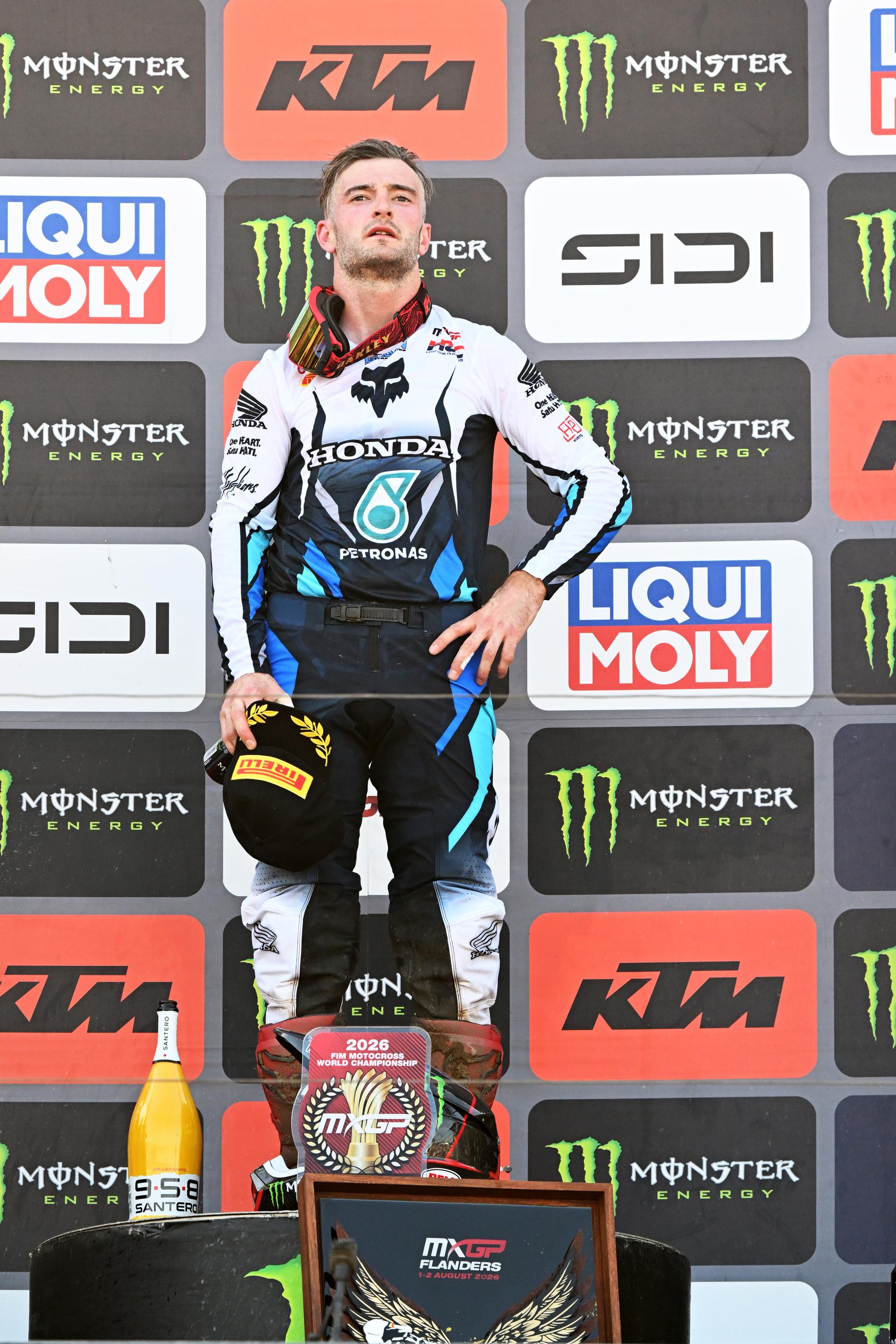 Dutch Jeffrey Herlings celebrates on the podium after the motocross MXGP Grand Prix Flanders, race 14/20 of the FIM Motocross World Championship, Sunday, August 2, 2026, in Lommel. BELGA PHOTO JILL DELSAUX