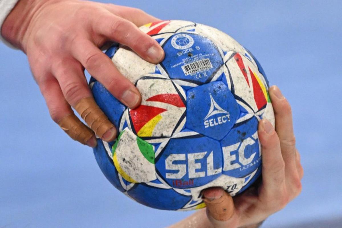 Sweden's pivot #05 Max Darj (L) and Netherlands' centre back #22 Luc Steins vie for the ball during the men's EURO 2024 EHF Handball European Championship match Group E Sweden v The Netherlands in Mannheim, western Germany on January 15, 2024. Kirill KUDRYAVTSEV / AFP
