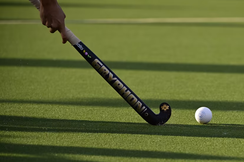 Illustration picture shows a hockey stick and ball on the pitch, during a hockey game between Belgian national team Red Lions and Ireland, match 5/16 in the group stage of the 2024 Men's FIH Pro League, Wednesday 22 May 2024, in Antwerp. BELGA PHOTO DIRK WAEM