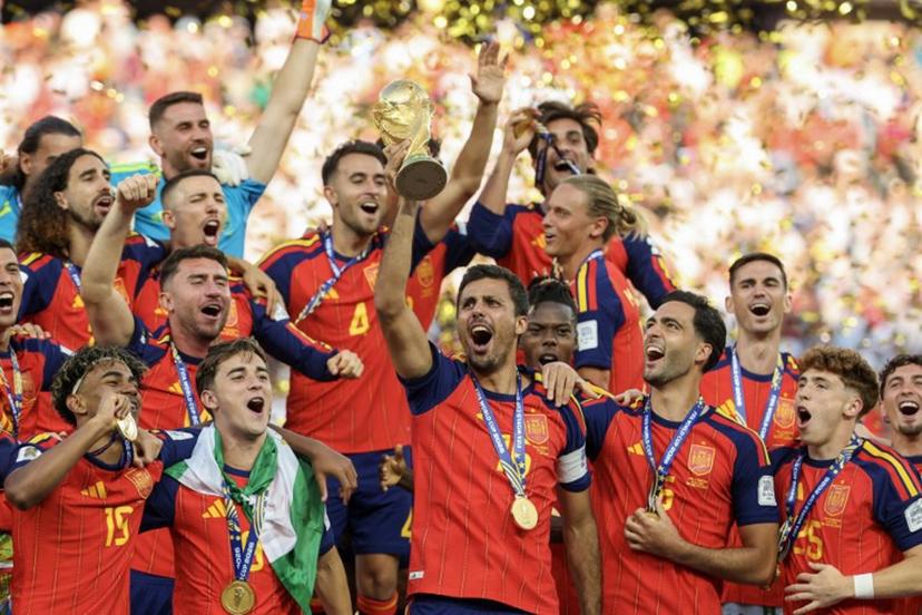 Spain's midfielder #16 Rodri lifts the trophy with his teammates after winning the 2026 World Cup football tournament final match between Spain and Argentina at the New York/New Jersey Stadium in East Rutherford on July 19, 2026. Odd ANDERSEN / AFP
