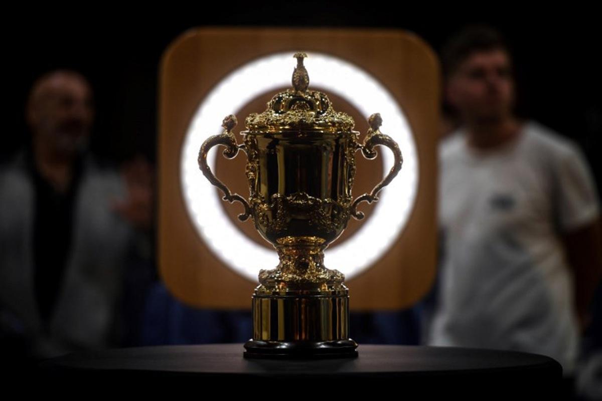 This photograph taken on October 31, 2022 shows the Rugby Union World Cup trophy, the Webb Ellis Cup, presented to the public in the courtyard of the town hall in Toulouse, southwestern France. Valentine CHAPUIS / AFP