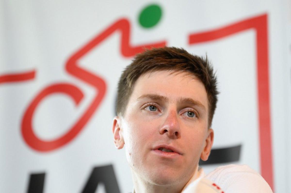 UAE Team Emirates' Slovenian rider Tadej Pogacar addresses a press conference ahead of the Tour of Flanders cycling race in Waregem on April 3, 2025. JOHN THYS / AFP