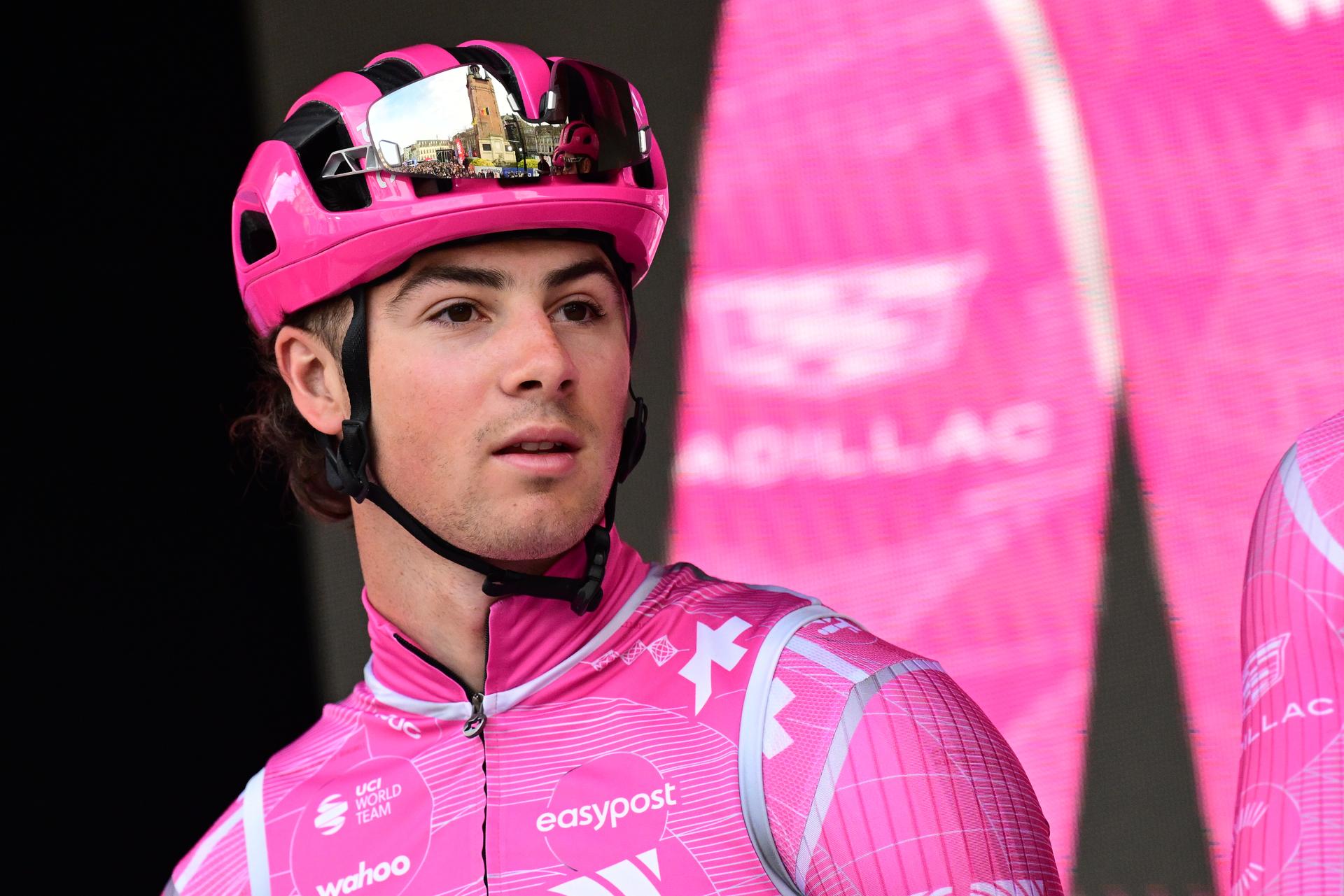 USA's Noah Hobbs of EF Education-EasyPost pictured during the team presentation at the start of the 78th edition of the men elite race of the Kuurne-Brussels-Kuurne one day cycling race, 195 km from Kuurne to Kuurne via Brussels, Sunday 01 March 2026. BELGA PHOTO DIRK WAEM