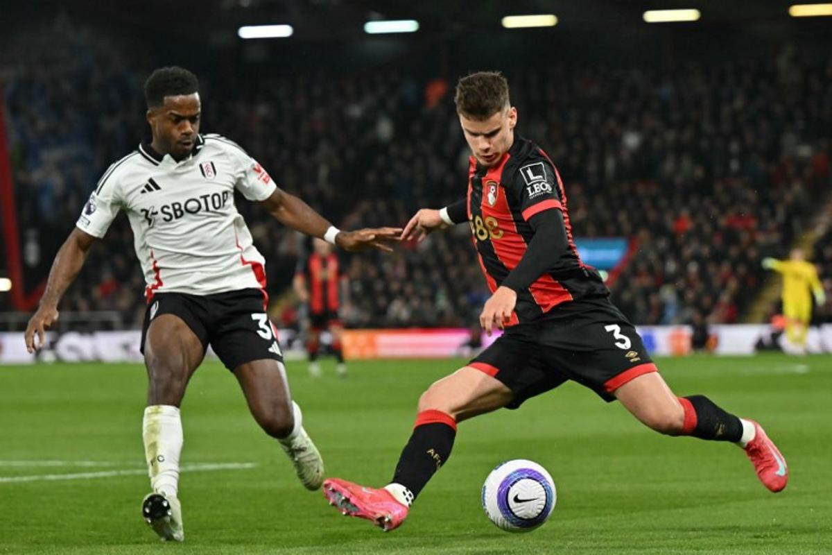 Bournemouth's Hungarian defender #03 Milos Kerkez (R) vies with Fulham's English midfielder #30 Ryan Sessegnon (L) during the English Premier League football match between Bournemouth and Fulham at the Vitality Stadium in Bournemouth, southern England on April 14, 2025. Glyn KIRK / AFP