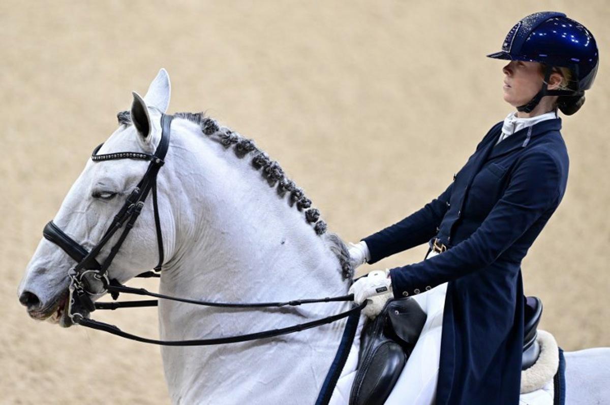 Belgium's Alexa Fairchild is pictured with the horse Mala Skala's Hermes during the FEI Dressage World Cup Grand Prix at the Gothenburg Horse Show at the Scandinavium Arena in Gothenburg, Sweden, on February 21, 2025. Bjorn LARSSON ROSVALL / TT NEWS AGENCY / AFP