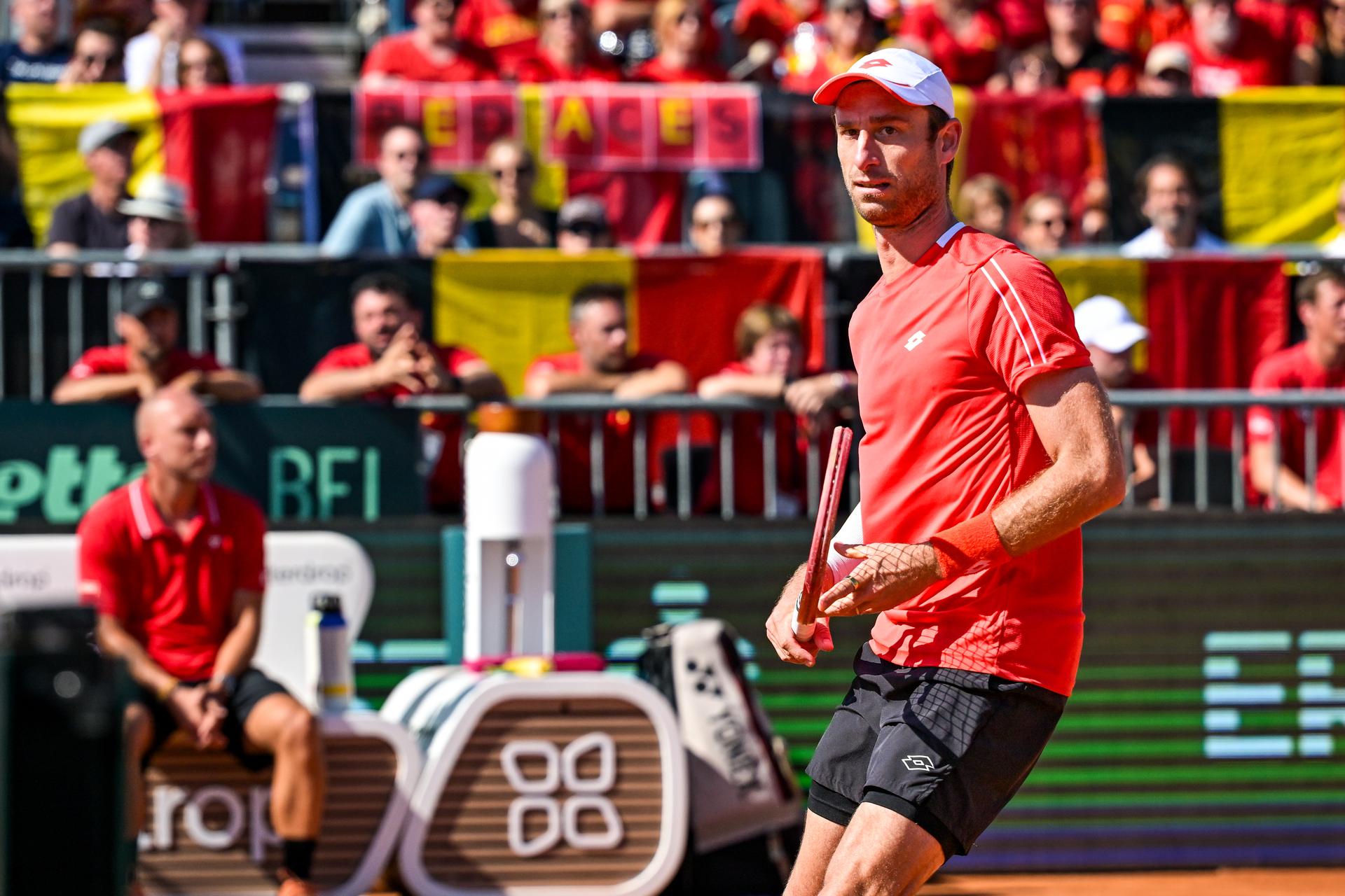 Belgian Sander Gille pictured in action during a tennis match between Austrian pair Miedler/Oberleitner and Belgian pair Gille/ Vliegen, the third rubber in the tie between Austria and Belgium, qualifiers for the Davis Cup tournament, on Saturday 19 September 2026 in Vienna, Austria. BELGA PHOTO DAVID PINTENS