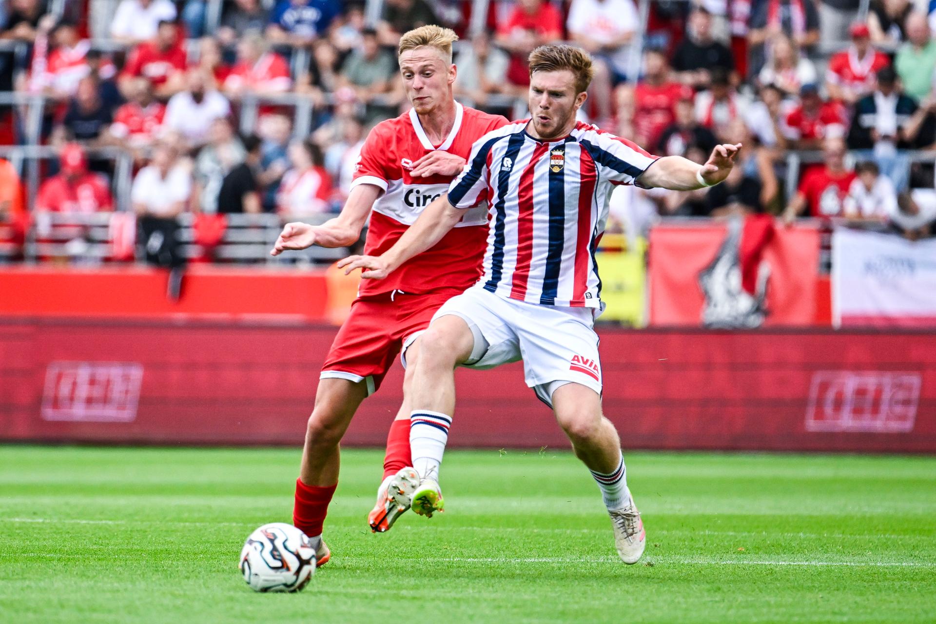 Antwerp's Zeno Van Den Bosch and Willem II's Devin Haen pictured in action during a friendly soccer game between Belgian soccer team Royal Antwerp FC and Willem II - Willem 2 on Saturday 19 July 2025, in Antwerp. The team is preparing for the upcoming 2025-2026 first division season. BELGA PHOTO TOM GOYVAERTS