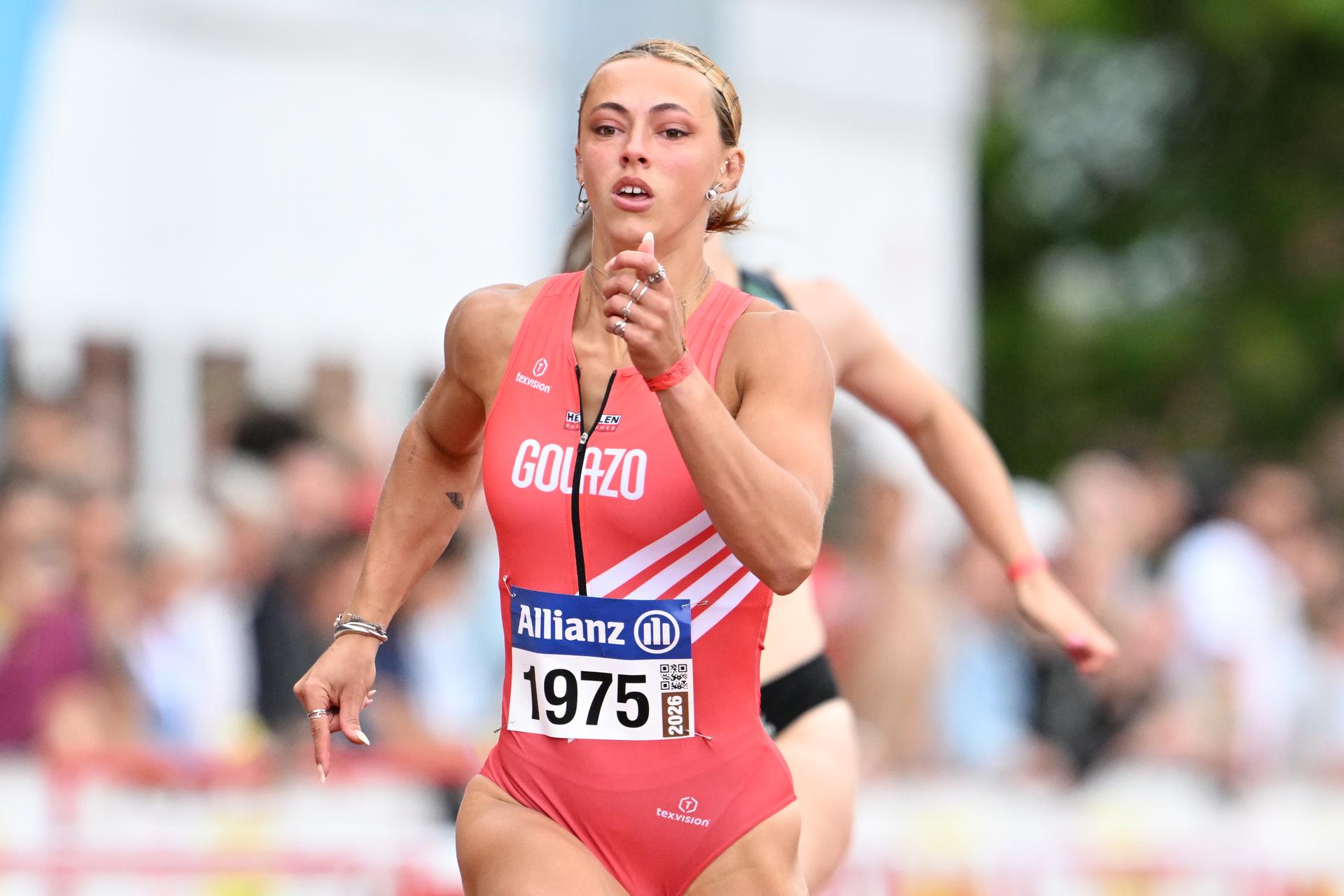 Belgian Rani Rosius pictured in action during the women's 200m race, at the Belgian athletics championships, Sunday 26 July 2026 in Kessel-Lo, Leuven. BELGA PHOTO JILL DELSAUX