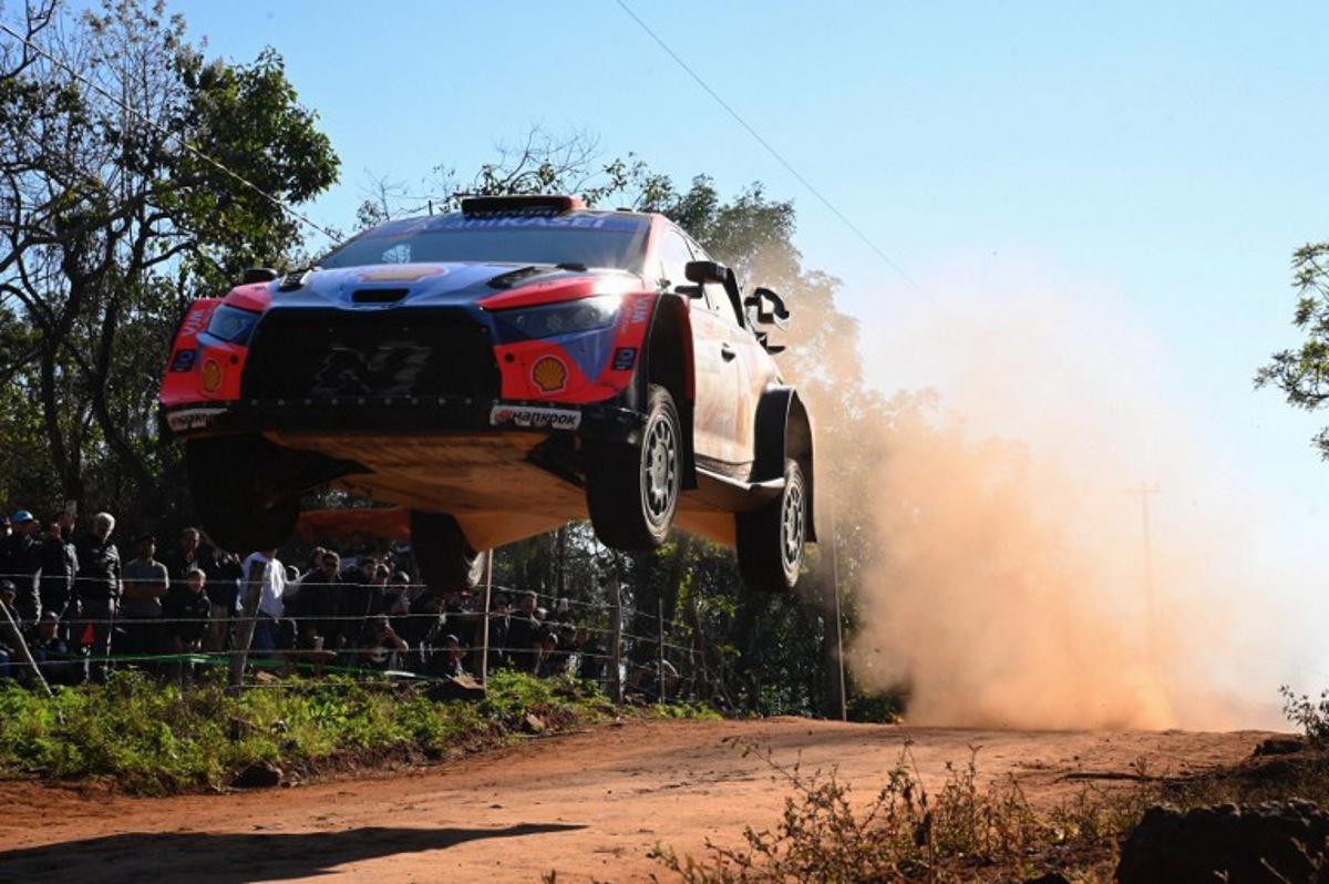 Belgium Driver Thierry Neuville And Co-driver Martijn Wydaeghe compete in their Hyundai i20 N Rally1 during the Nueva Alborada stage of the WRC Rally Paraguay, the 10th round of the FIA World Rally Championship (WRC), near Encarnacion, Paraguay on August 29, 2025. Luis ROBAYO / AFP