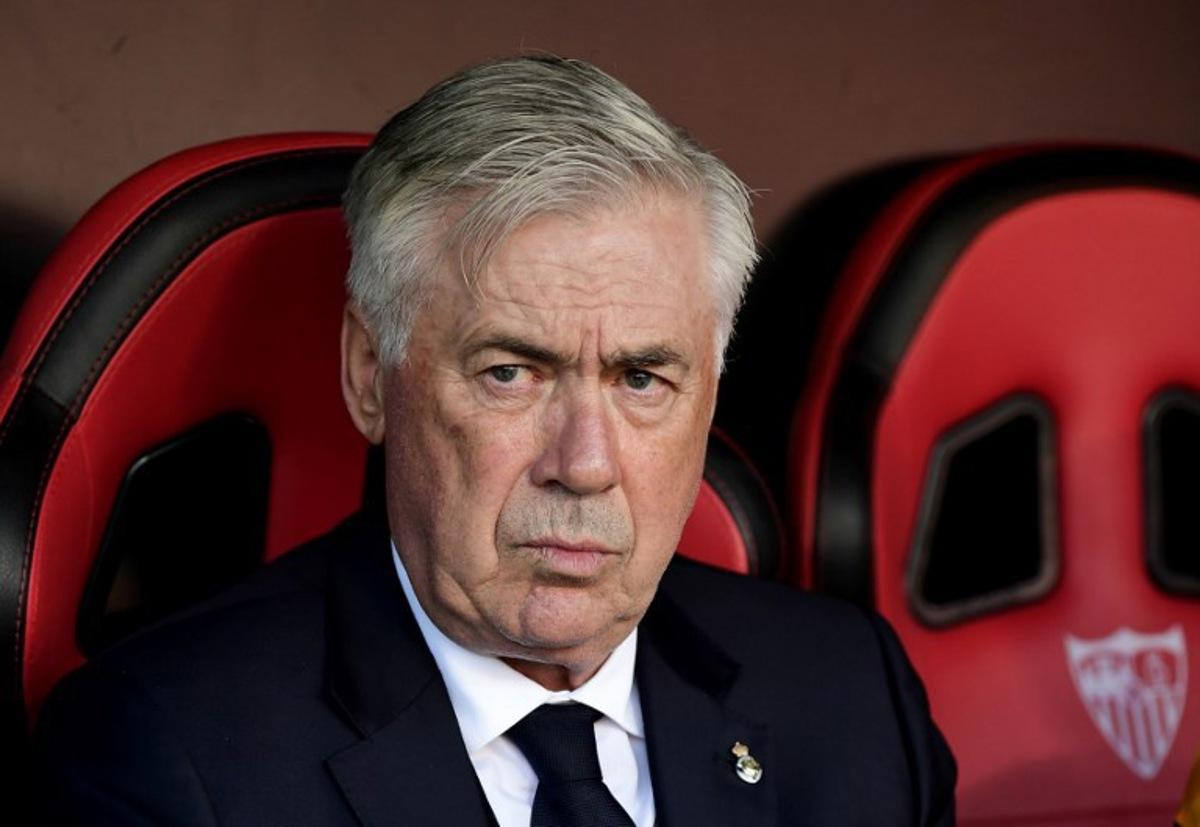 Real Madrid's Italian coach Carlo Ancelotti is pictured before the Spanish league football match between Sevilla FC and Real Madrid CF at Ramon Sanchez Pizjuan Stadium in Seville on May 18, 2025. CRISTINA QUICLER / AFP