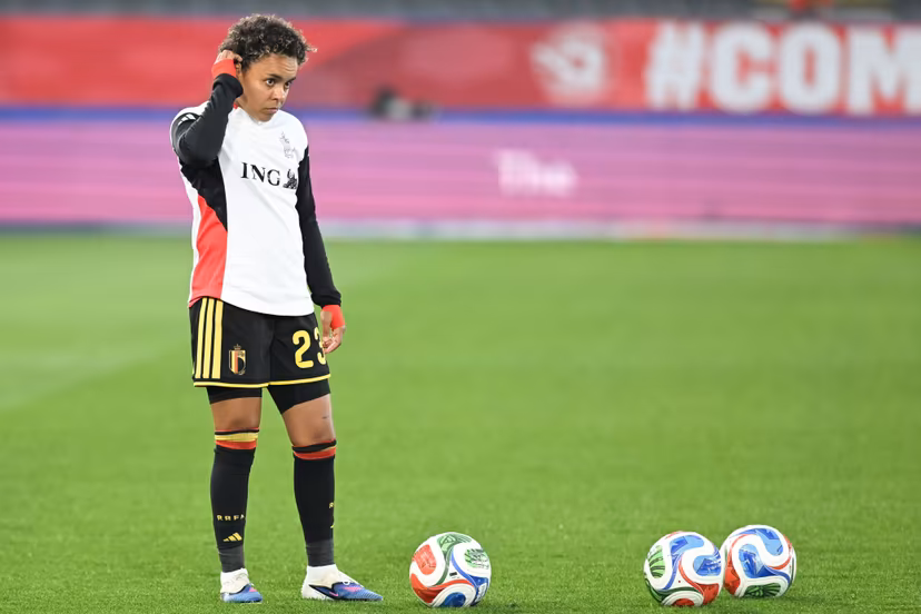 Belgium's Kassandra Missipo pictured before a soccer game between Belgium's national women's team the Red Flames and Scotland, on Saturday 18 April 2026 in Leuven, in the fourth of six games of the qualifiers for the 2027 FIFA Women's World Cup. BELGA PHOTO JILL DELSAUX
