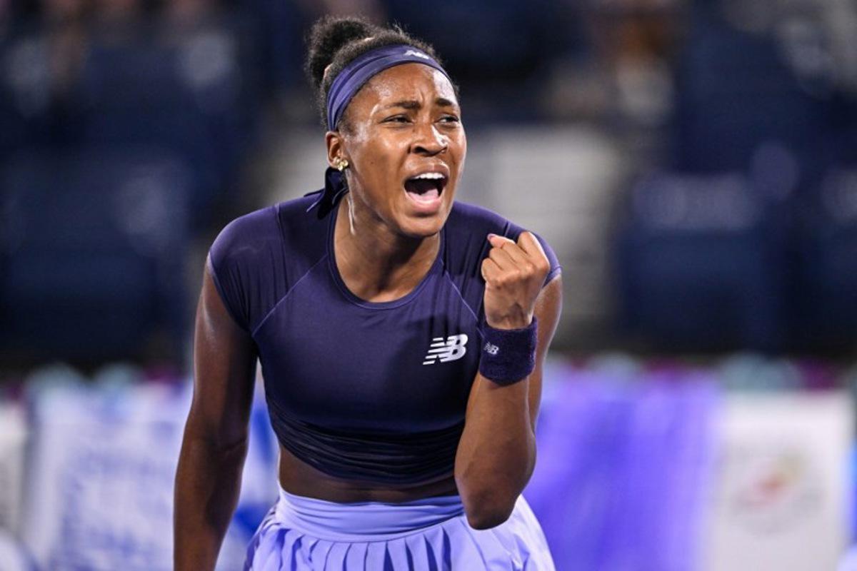 US' Coco Gauff reacts during her match against Ukraine's Elina Svitolina in the women's singles semi-final match at the Dubai Duty Free Tennis tournament in Dubai on February 20, 2026. Ryan Lim / AFP