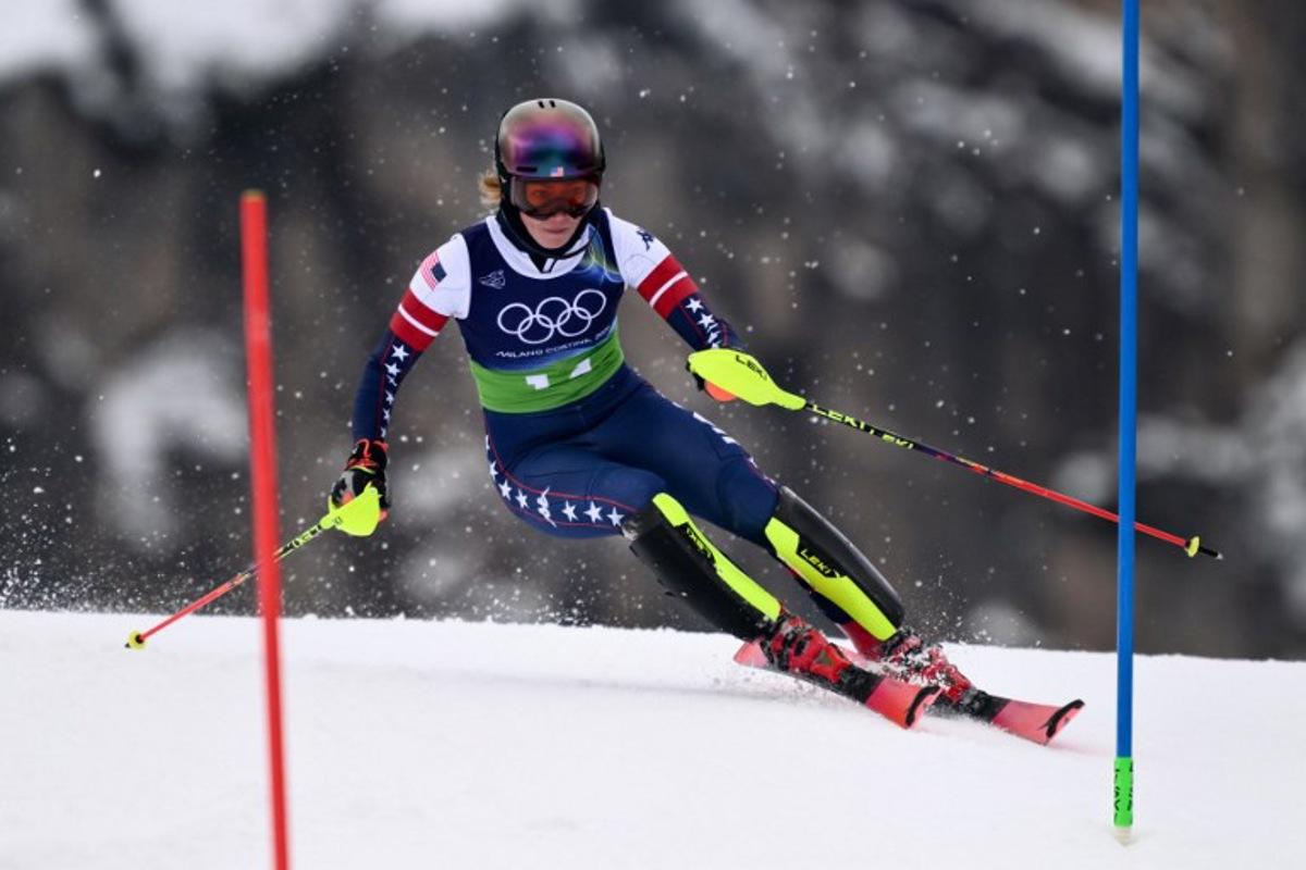 USA's Mikaela Shiffrin competes in the slalom run of the women's team combined event during the Milano Cortina 2026 Winter Olympic Games at the Tofane Alpine Skiing Centre in Cortina d'Ampezzo on February 10, 2026. Marco BERTORELLO / AFP