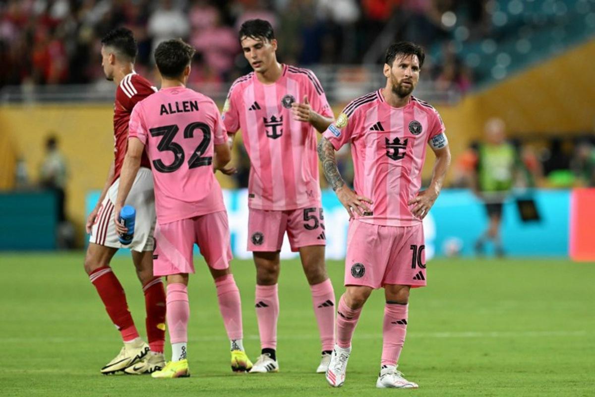 Inter Miami's Argentine forward #10 Lionel Messi reacts during the Club World Cup 2025 Group A football match between Egypt's Al-Ahly and US Inter Miami at the Hard Rock stadium in Miami on June 14, 2025. CHANDAN KHANNA / AFP