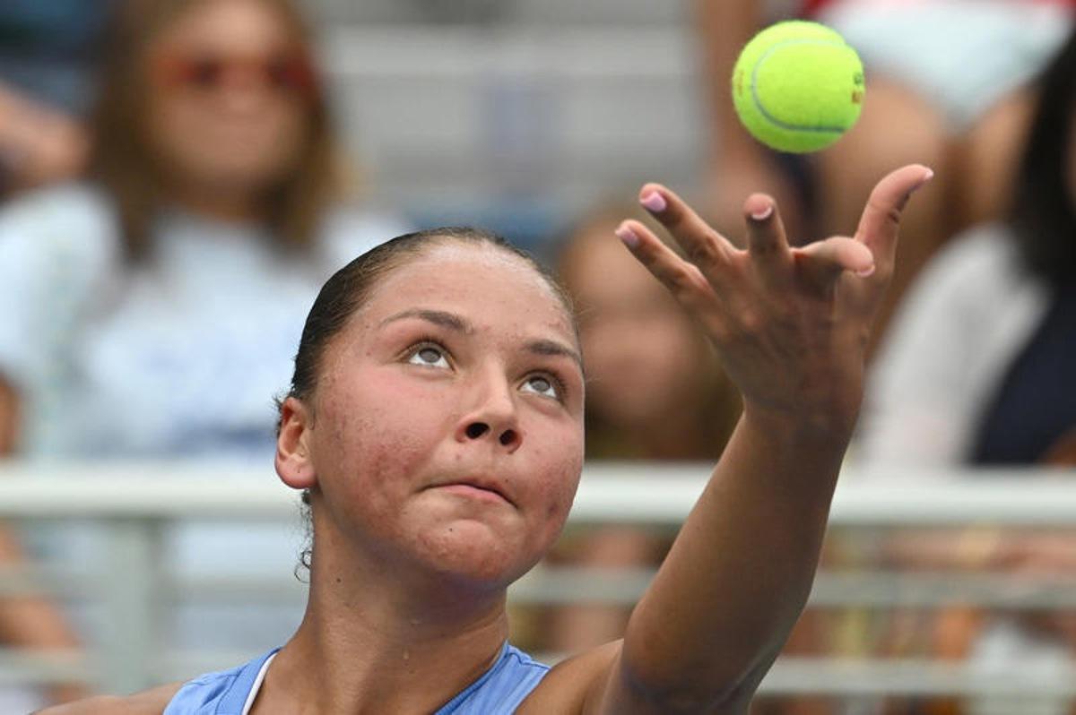 Sofia Costoulas of Belgium serves against Katie Volynets of the United States during the Women's Qualifying Singles 1st round at the USTA Billie Jean King National Tennis Center in Flushing Meadow-Corona Park, in the Queens borough of New York, NY, August 18, 2025. (Photo by Anthony Behar/SipaUSA)