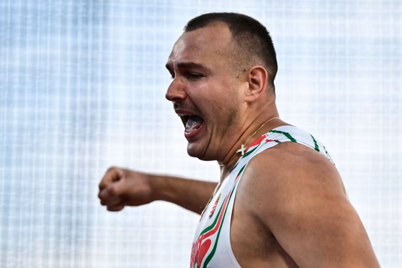 Hungary's Bence Halasz reacts as he competes in the men's hammer throw final during the European Athletics Championships at Alexander Stadium in Birmingham on August 11, 2026. Ben STANSALL / AFP