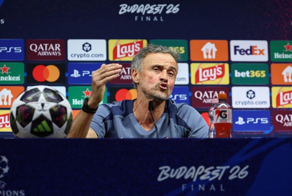 Paris Saint-Germain's Spanish headcoach Luis Enrique addresses a MD-1 press conference on May 29, 2026, the eve of the UEFA Champions League final football match between Paris Saint-Germain (PSG) and Arsenal at the Puskas Arena in Budapest. Paris Saint-Germain (PSG) face Arsenal in the UEFA Champions League final football match on May 30, 2026 in Budapest. FRANCK FIFE / POOL / AFP