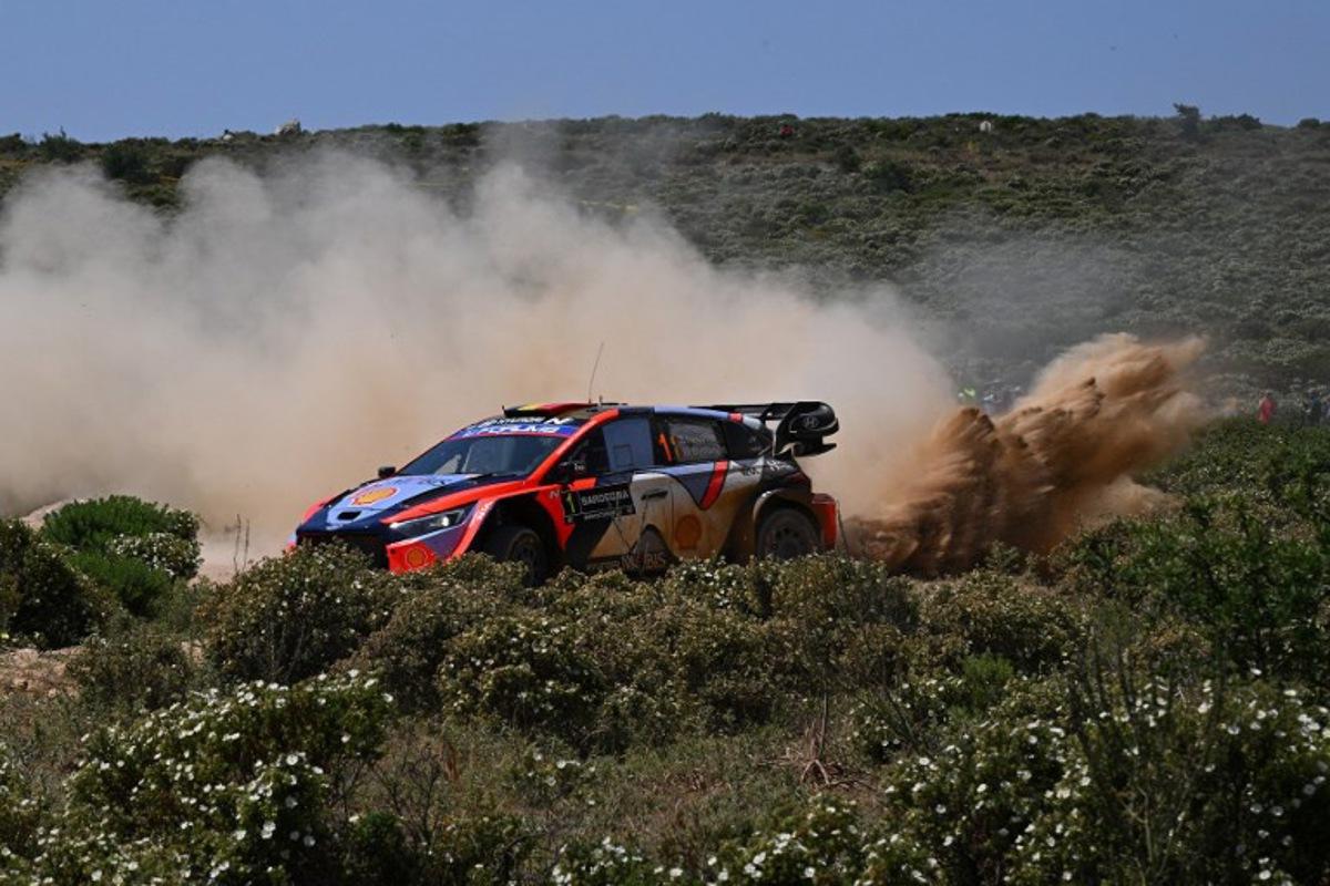 Belgian driver Thierry Neuville steers his Hyundai i20N Rally 1 with co-driver Martijn Wydaeghe as they compete in the the SS3 special during the 22nd edition of the Rally Italia Sardegna, 6th round of the FIA World Rally Championship (WRC), at Sa Conchedda, near Ala dei Sardi, Sardinia, on June 6, 2025. Andreas SOLARO / AFP