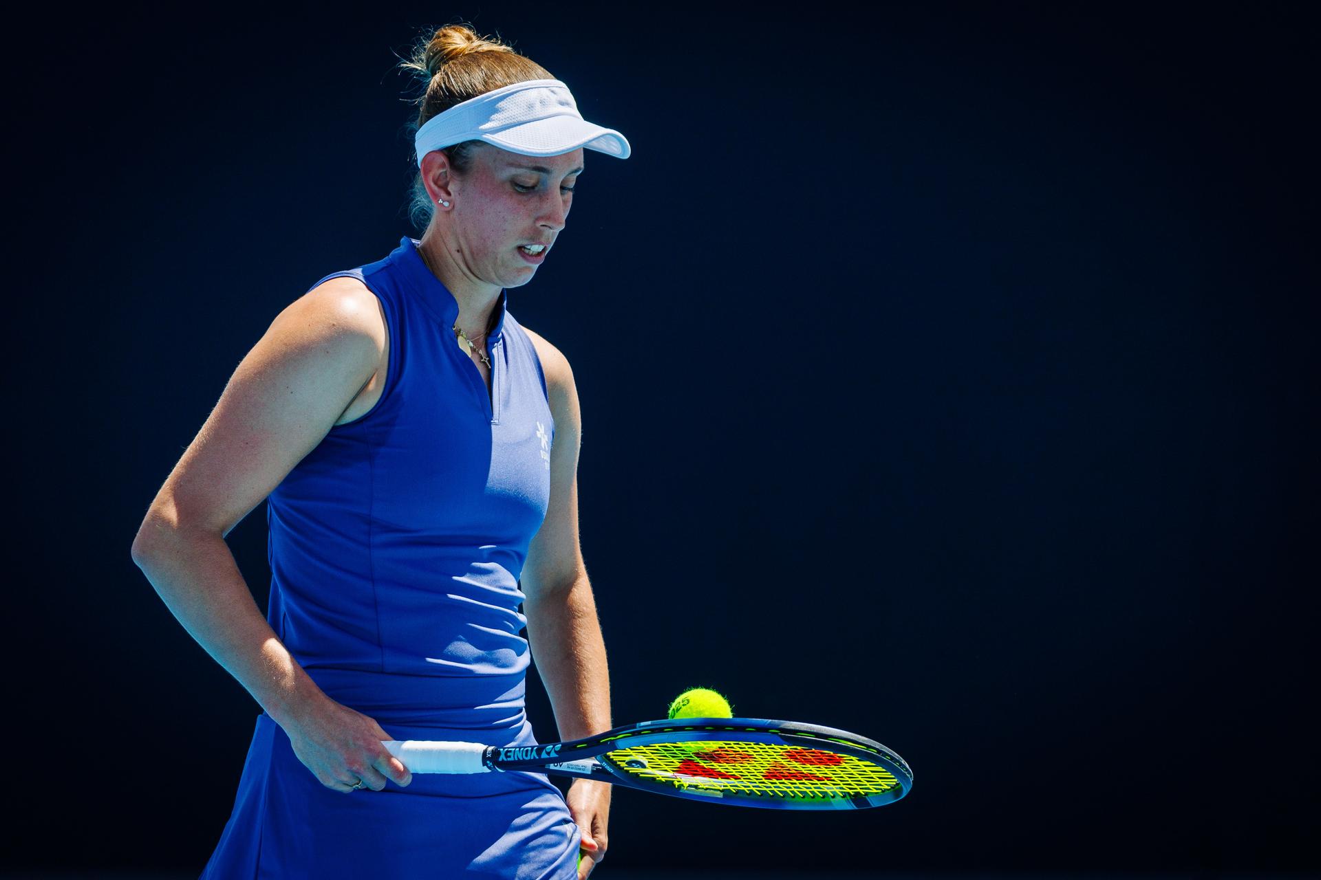 Belgian Elise Mertens pictured during a doubles tennis match between Belgian-Australian pair Mertens-Perez and Australian-Ukrainian pair Aiava-Kostyuk, in the second round of the women's doubles at the 'Australian Open' Grand Slam tennis tournament, Saturday 18 January 2025 in Melbourne Park, Melbourne, Australia. The 2025 edition of the Australian Grand Slam takes place from January 12th to January 26th. BELGA PHOTO PATRICK HAMILTON BELGIUM ONLY