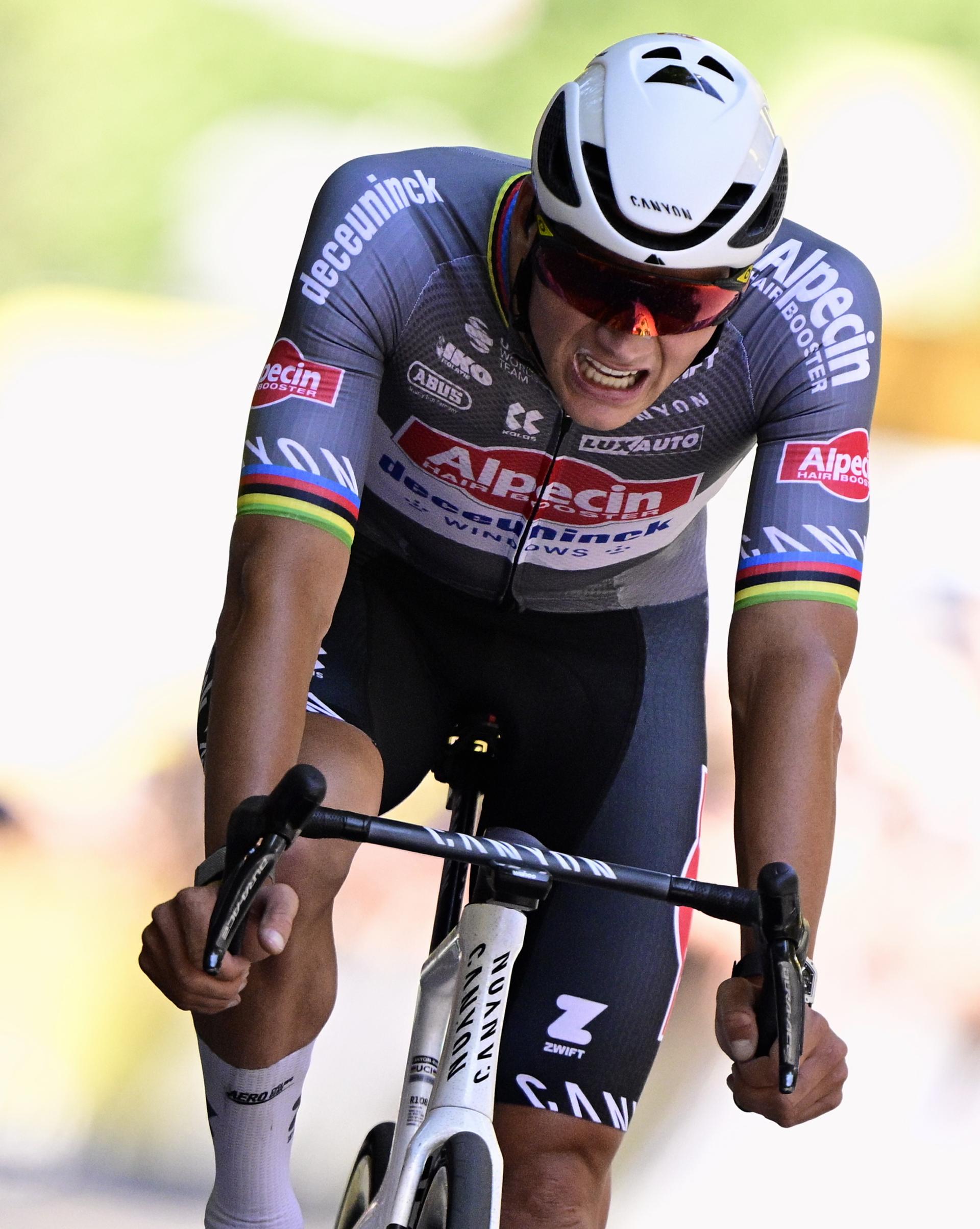 Dutch Mathieu van der Poel of Alpecin-Deceuninck crosses the finish line of stage 11 of the 2025 Tour de France cycling, from and to Toulouse (154km), on Wednesday 16 July 2025 in France. The 112th edition of the Tour de France starts on Saturday 5 July in Lille, France, and will finish in Paris, France on the 27th of July. BELGA PHOTO DIRK WAEM