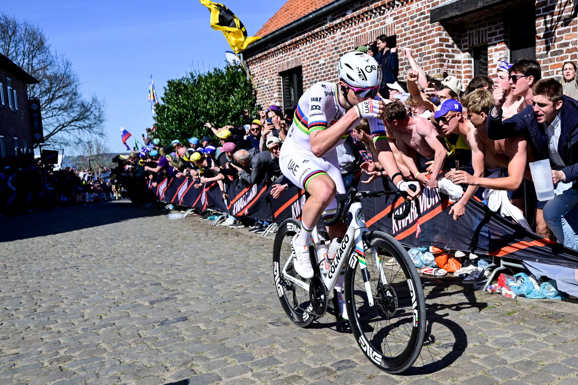 Slovenian Tadej Pogacar of UAE Team Emirates pictured in action on Oude Kwaremont during and the men's race of the 'Ronde van Vlaanderen/ Tour des Flandres/ Tour of Flanders' one day cycling race, 268,9km from Brugge to Oudenaarde, Sunday 06 April 2025. BELGA PHOTO DIRK WAEM