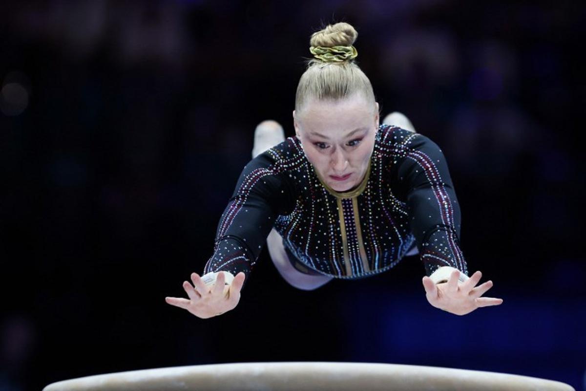 Belgium's Lisa Vaelen competes during the women's vault final of the Women's Artistic Gymnastics European Championships in Leipzig, eastern Germany on May 30, 2025. Ronny HARTMANN / AFP