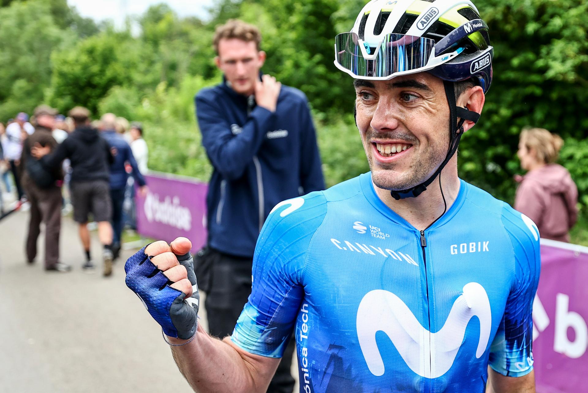 Alex Aranburu of Movistar Team celebrates after winning stage 4 of the Baloise Belgium Tour cycling race, 177km with start and finish in Durbuy, on Saturday 15 June 2024. BELGA PHOTO DAVID PINTENS