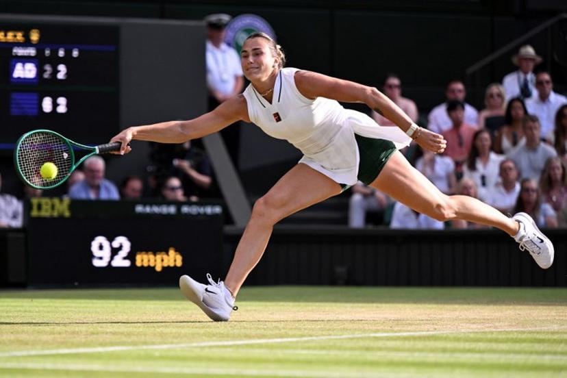 Belarus's Aryna Sabalenka returns to Japan's Naomi Osaka during their women's singles round of 16 tennis match on the seventh day of the 2026 Wimbledon Championships at The All England Lawn Tennis and Croquet Club in Wimbledon, southwest London, on July 5, 2026. Kirill KUDRYAVTSEV / AFP