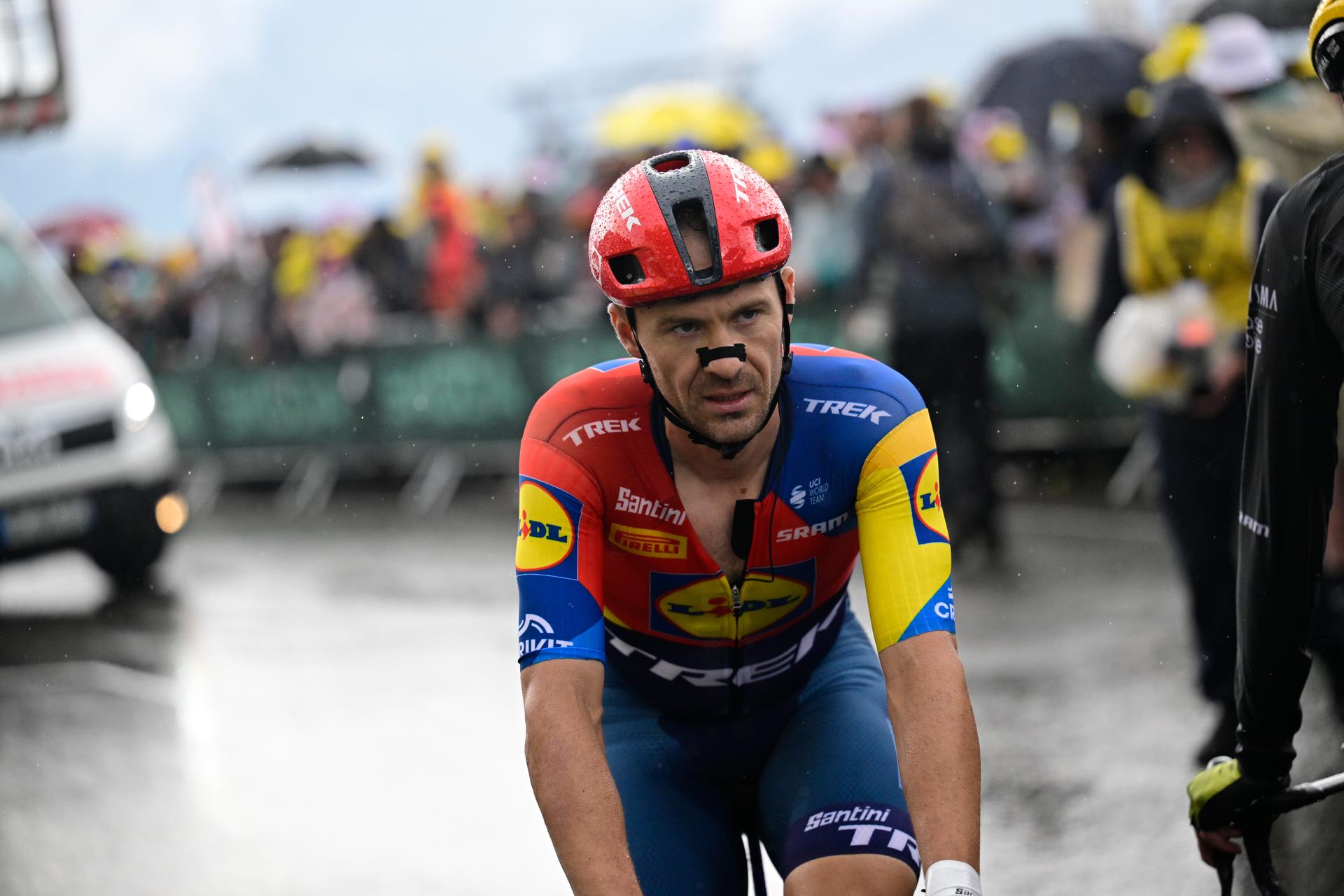 Belgian Edward Theuns of Lidl-Trek crosses the finish line of pictured at the start of stage 19 of the 2025 Tour de France cycling race, from Albertville to La Plagne (130km), on Friday 25 July 2025 in France. The 112th edition of the Tour de France starts on Saturday 5 July in Lille, France, and will finish in Paris, France on the 27th of July. BELGA PHOTO DIRK WAEM