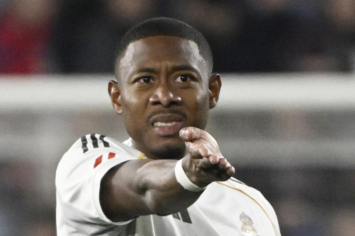 Real Madrid's Austrian defender #04 David Alaba reacts during the Spanish league football match between CA Osasuna and Real Madrid CF at El Sadar Stadium in Pamplona on February 21, 2026. ANDER GILLENEA / AFP