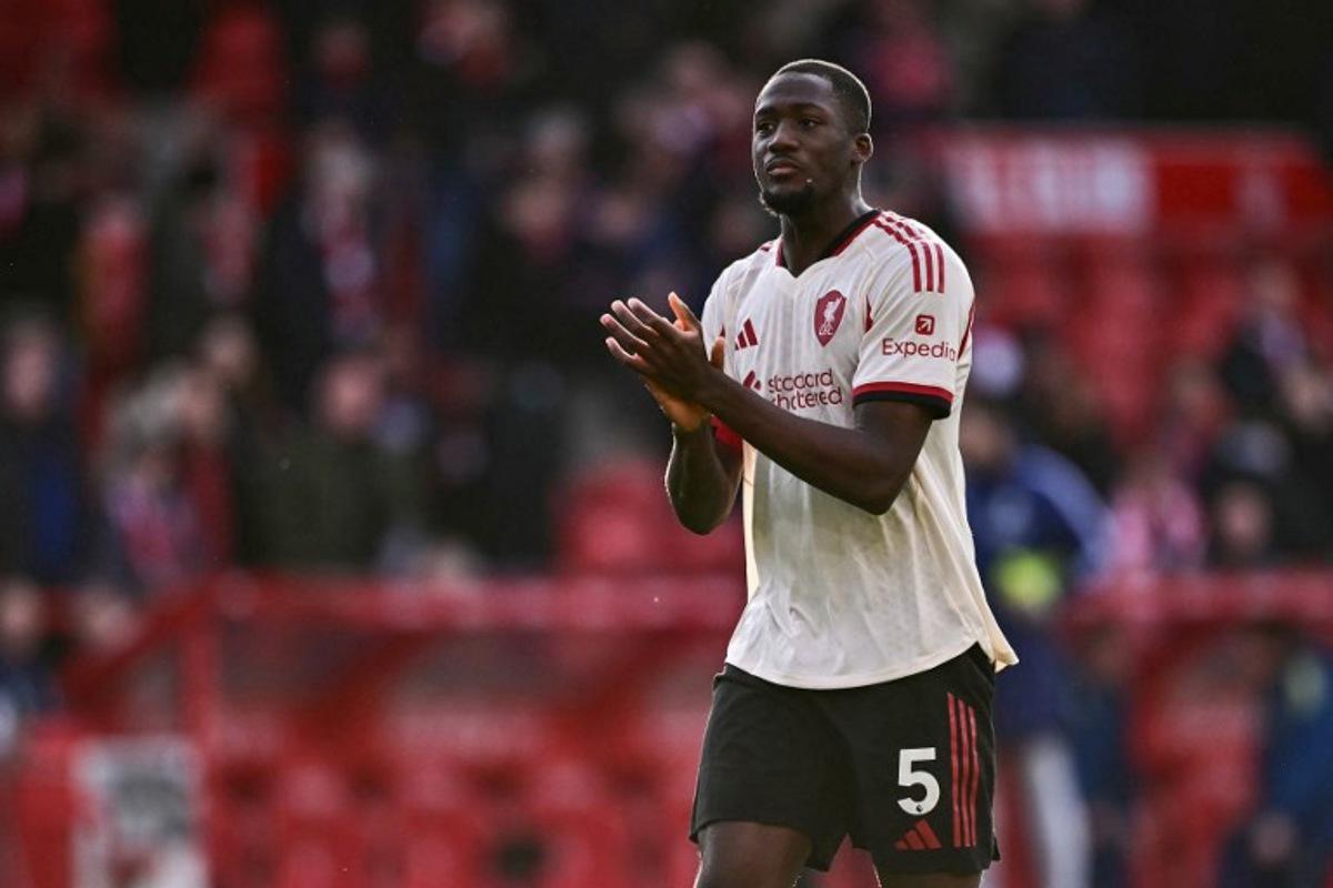 Liverpool's French defender #05 Ibrahima Konate reacts at the end of the English Premier League football match between Nottingham Forest and Liverpool at The City Ground in Nottingham, central England on February 22, 2026. Ben STANSALL / AFP
