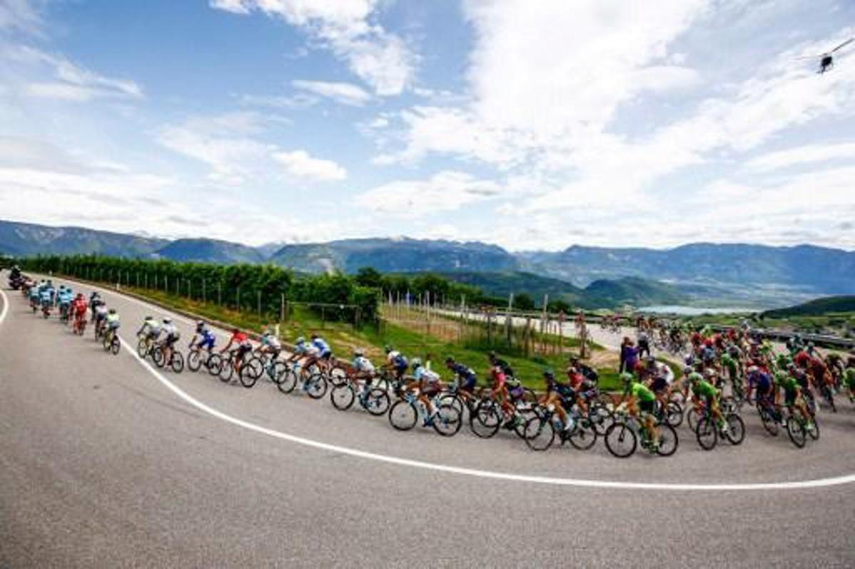 The peloton rides during the 16th stage of the 99th Giro d'Italia, Tour of Italy, from Bressanone / Brixen to Andalo on May 24, 2016. Dutchman Steven Kruijswijk moved closer to a history-making Giro d'Italia triumph Tuesday after stretching his lead over Esteban Chaves and Vincenzo Nibali in a thrilling 16th stage won by Alejandro Valverde. / AFP PHOTO / LUK BENIES