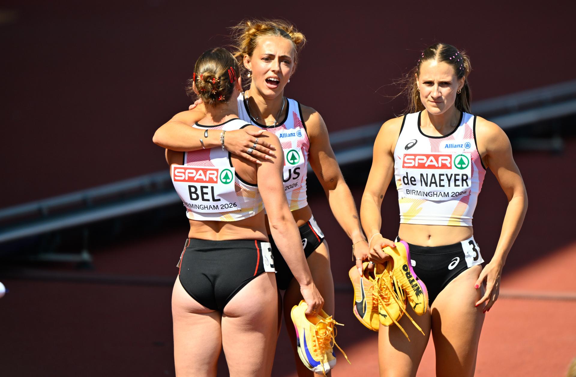 Belgian Rani Vincke and Belgian Rani Rosius the first round of the women's 4x100m relay race, on the seventh day of the European Athletics Championships (August 10-18) in Birmingham, United Kingdom, on Saturday 15 August 2026. BELGA PHOTO ERIC LALMAND