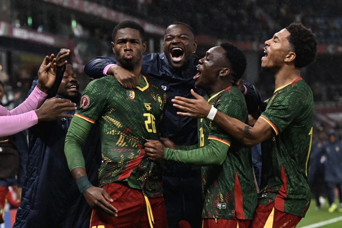 Cameroon's forward #26 Christian Kofane celebrates scoring his team's second goal during the Africa Cup of Nations (CAN) round of 16 football match between South Africa and Cameroon at Al Medina Stadium in Rabat on January 4, 2026. Paul ELLIS / AFP