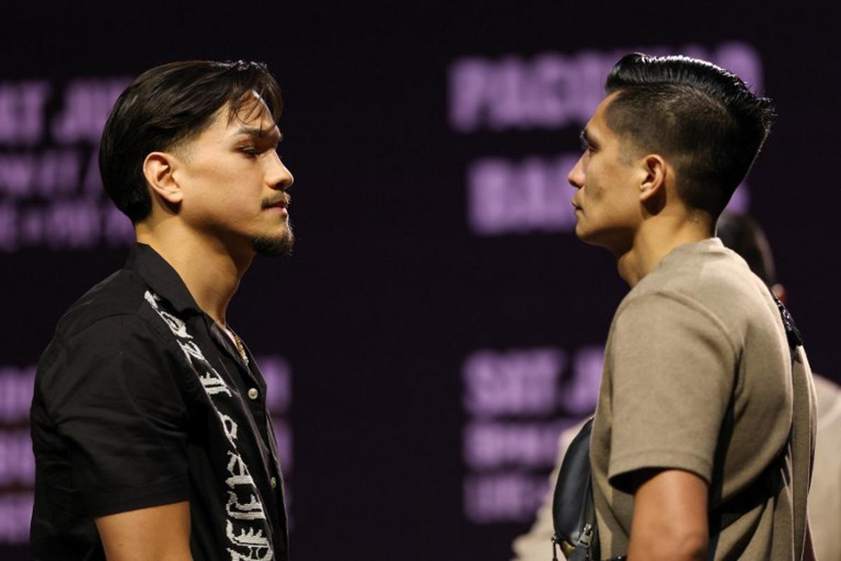 US boxers Brandon Figueroa (L) and Joet Gonzalez (R) face off during the press conference ahead of their July 19 WBC featherweight title fight at the NOVO at L.A. Live in Los Angeles on June 3, 2025. Patrick T. Fallon / AFP